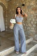 Vesna Keten Çizgili Crop Takım 9806-0025 resmi
